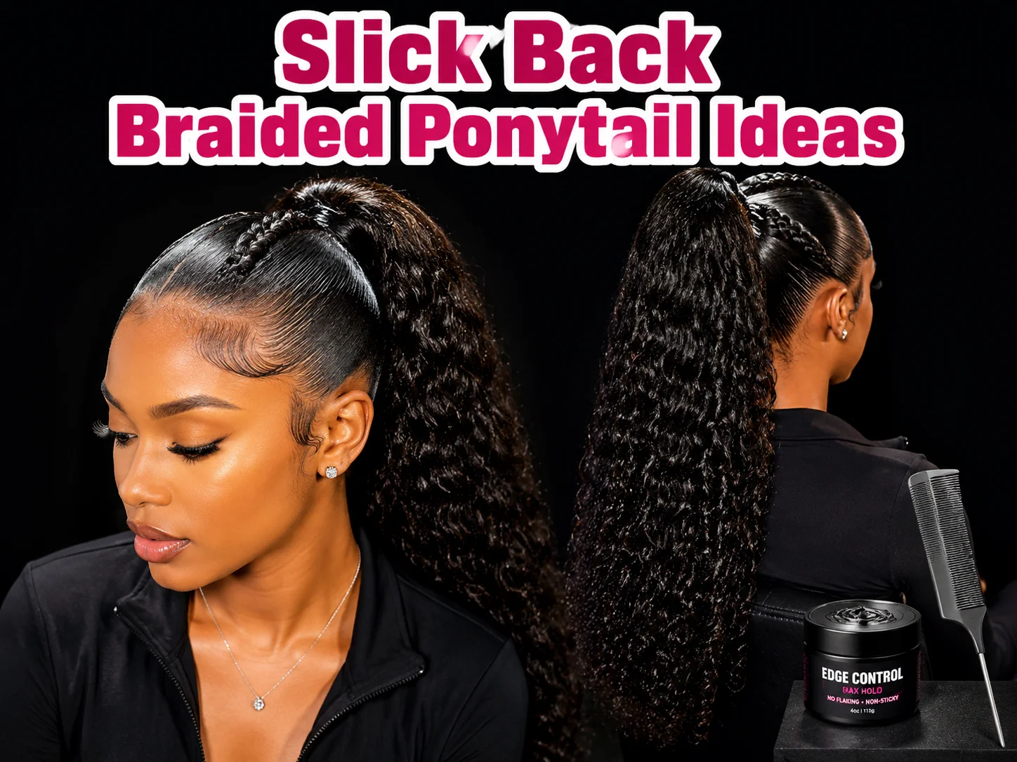 Slick edges voluminous curly weave ponytail high angle studio
