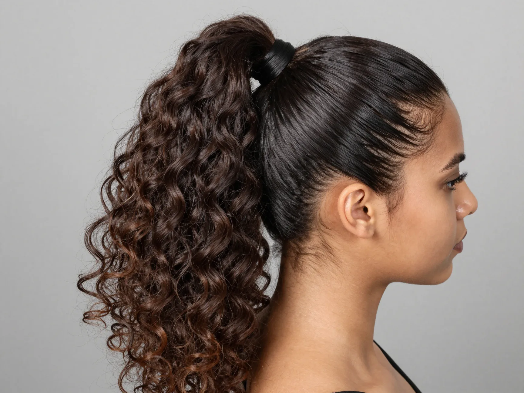 Classic high ponytail water wave weave sleek cornrows voluminous curls