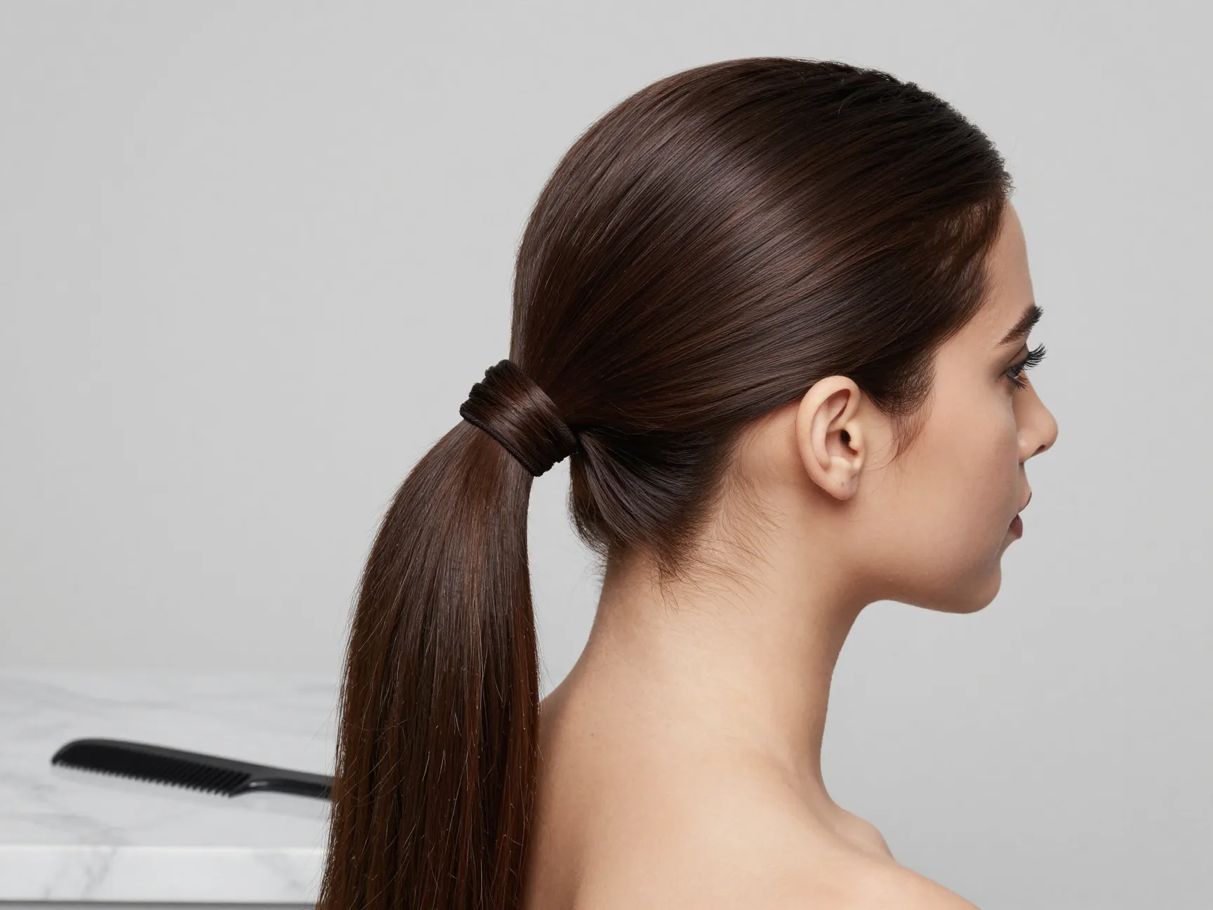 Classic sleek low ponytail with hair wrap for office elegance