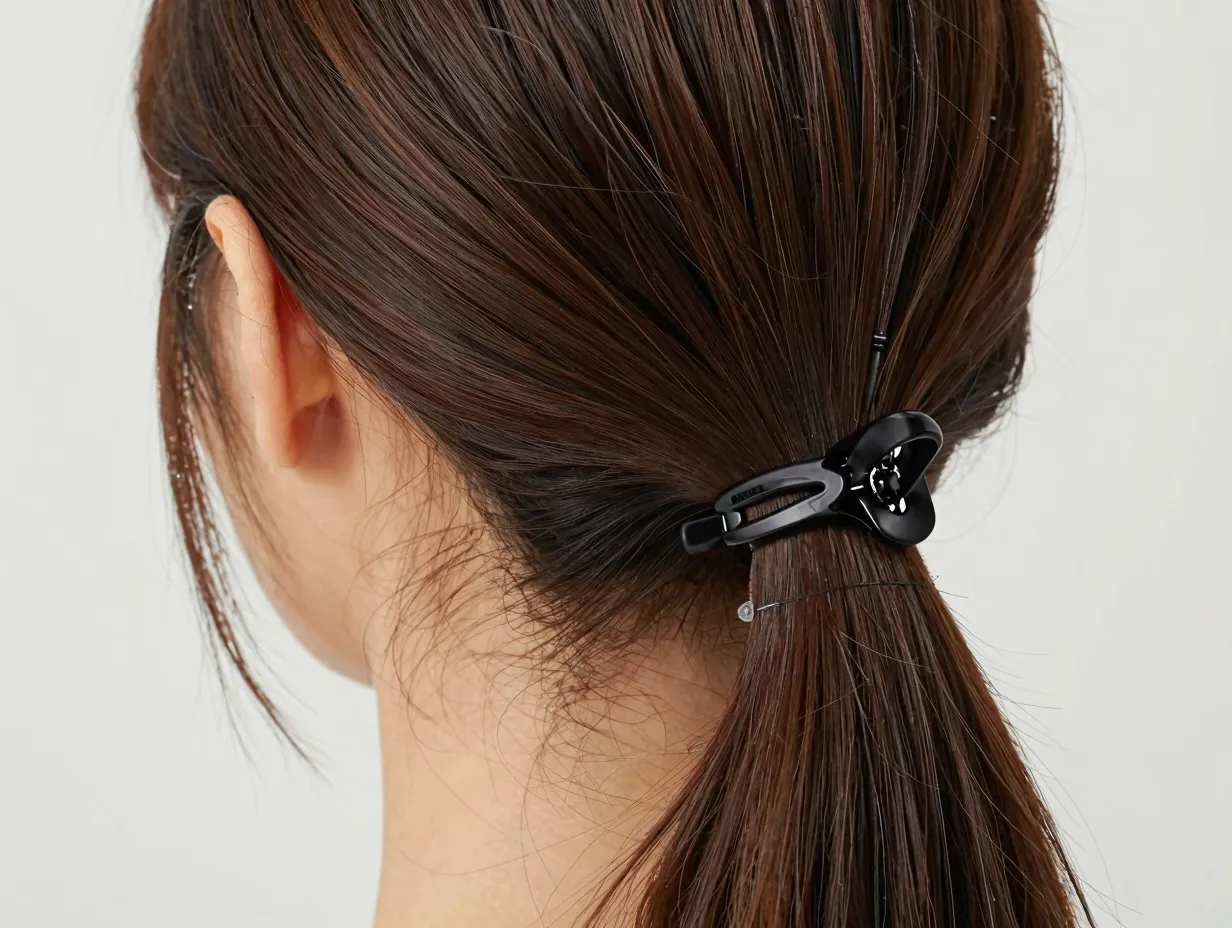 Low ponytail folded up and secured with a small claw clip