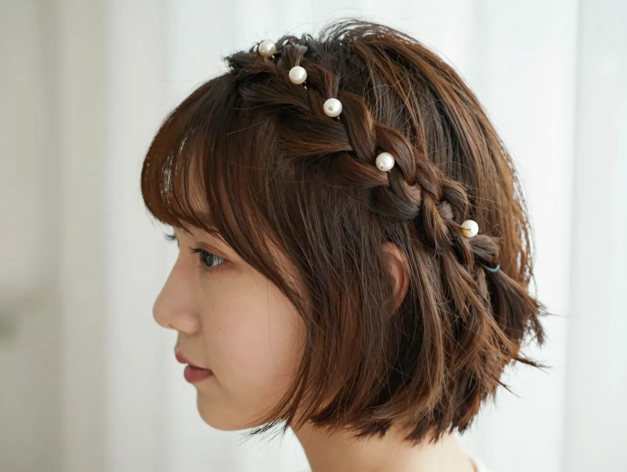 Short bob hair braided crown with pearl pins
