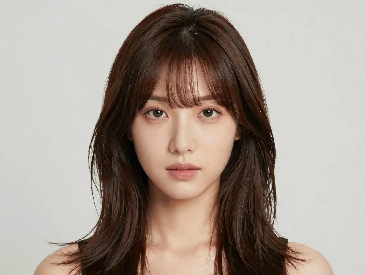 Butterfly haircut with soft curtain bangs framing oval face