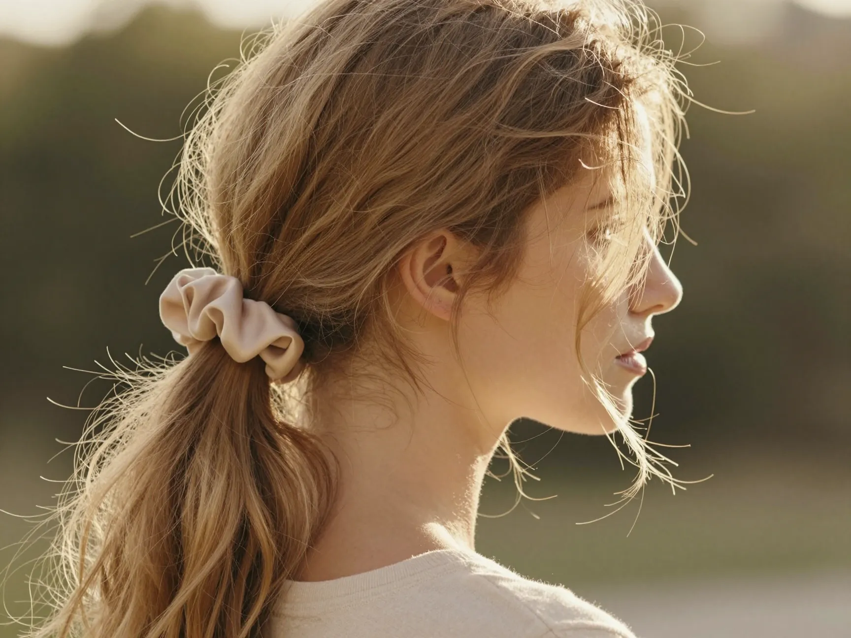 Loose romantic low ponytail with face framing strands