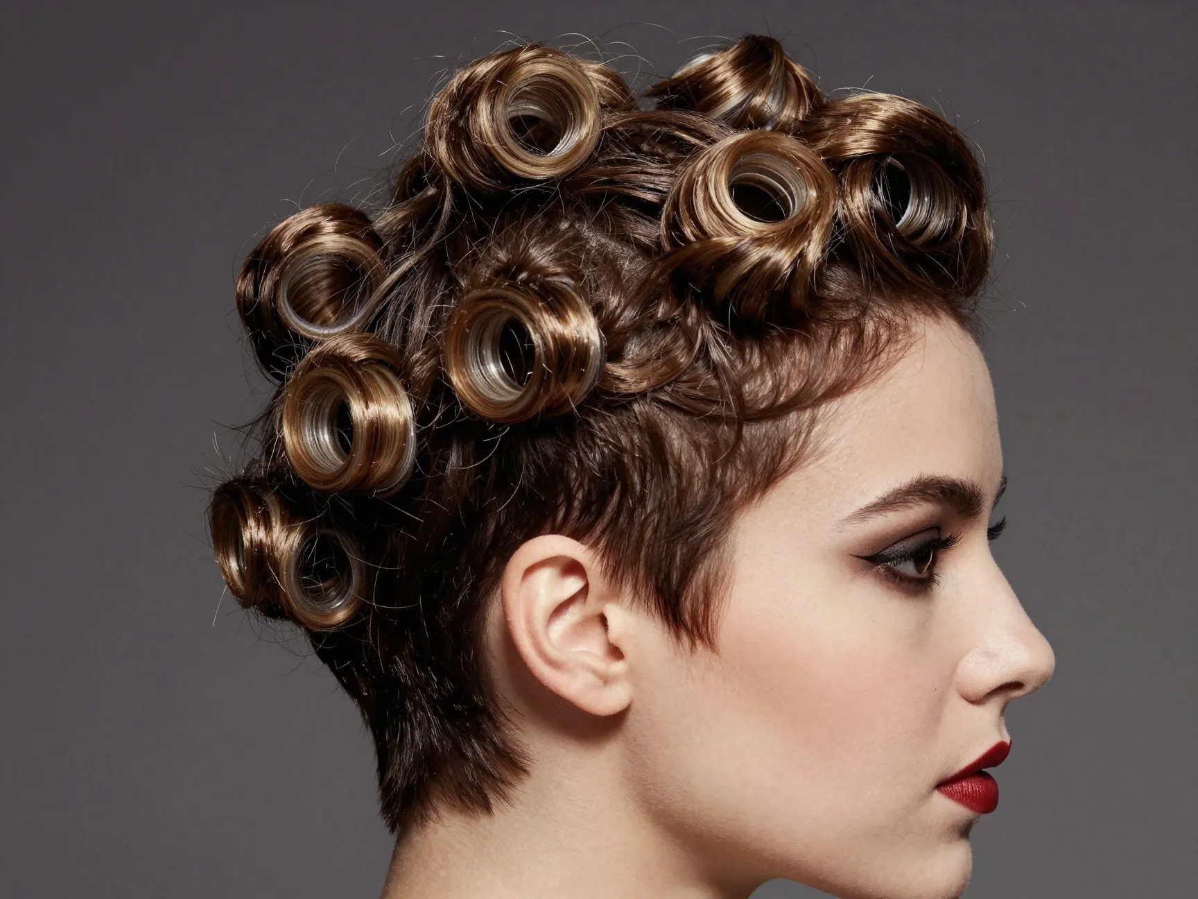 Pixie cut with vintage pin curls and shine spray