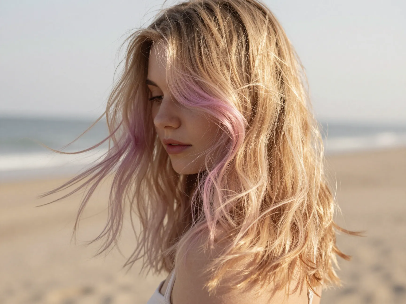Romantic lilac highlights on blonde hair with soft beach waves