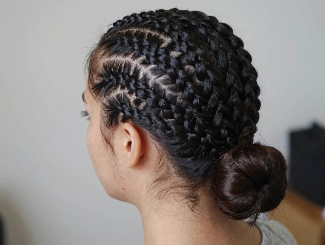 Side swept cornrows diagonally across head low bun nape
