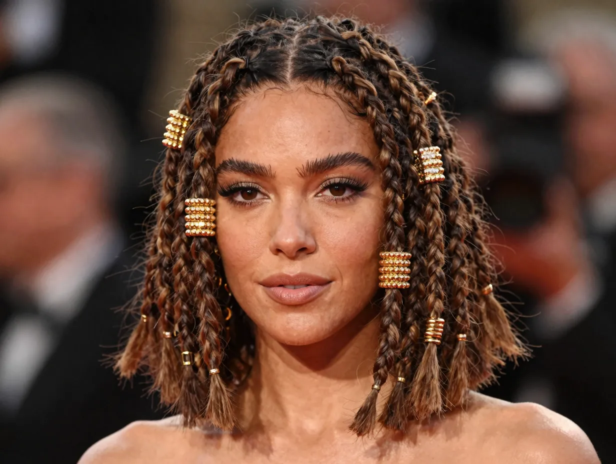 Bob length butterfly locs with gold jeweled cuffs