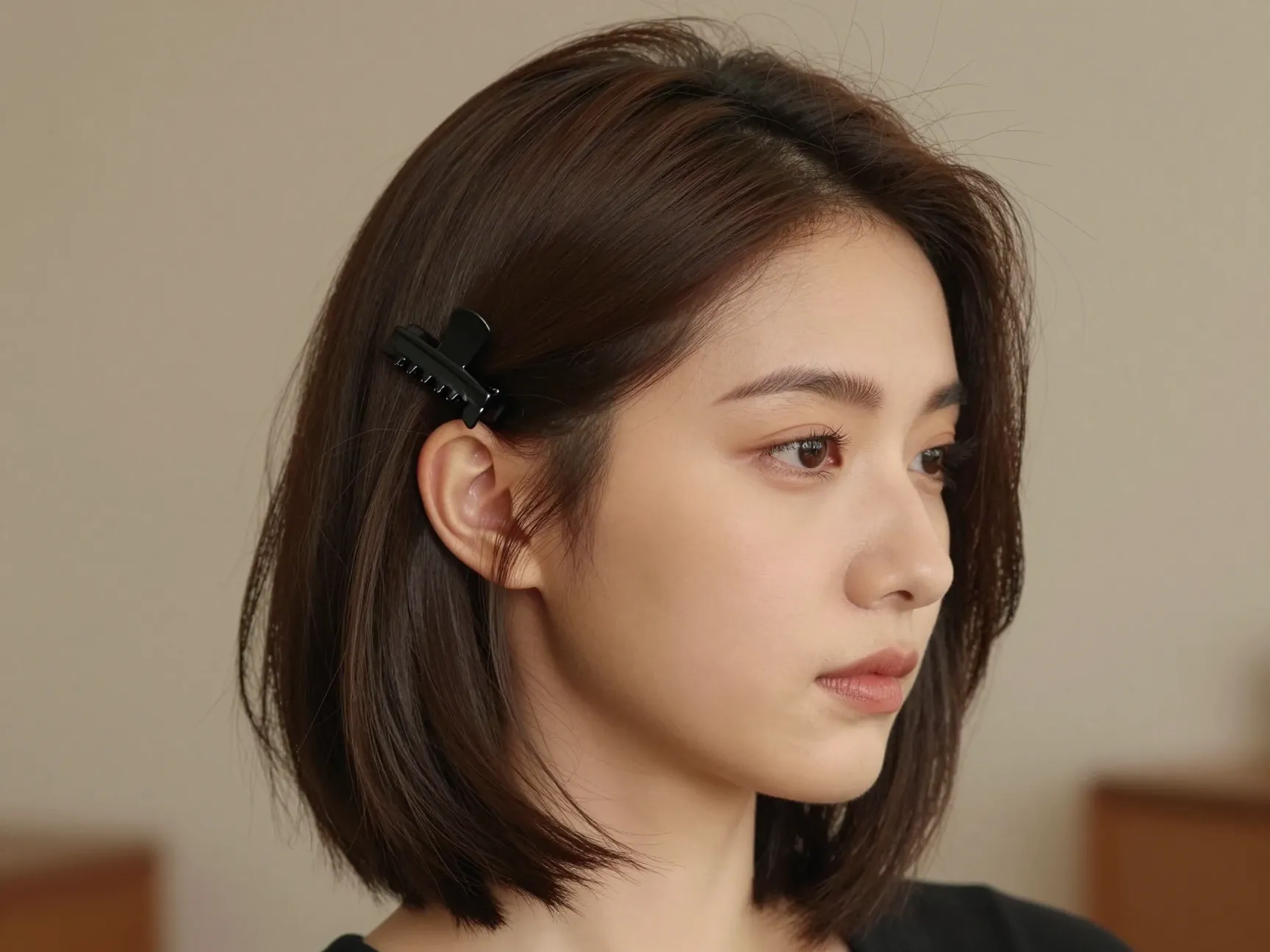 Diagonal sweep of top hair clipped loosely above one ear