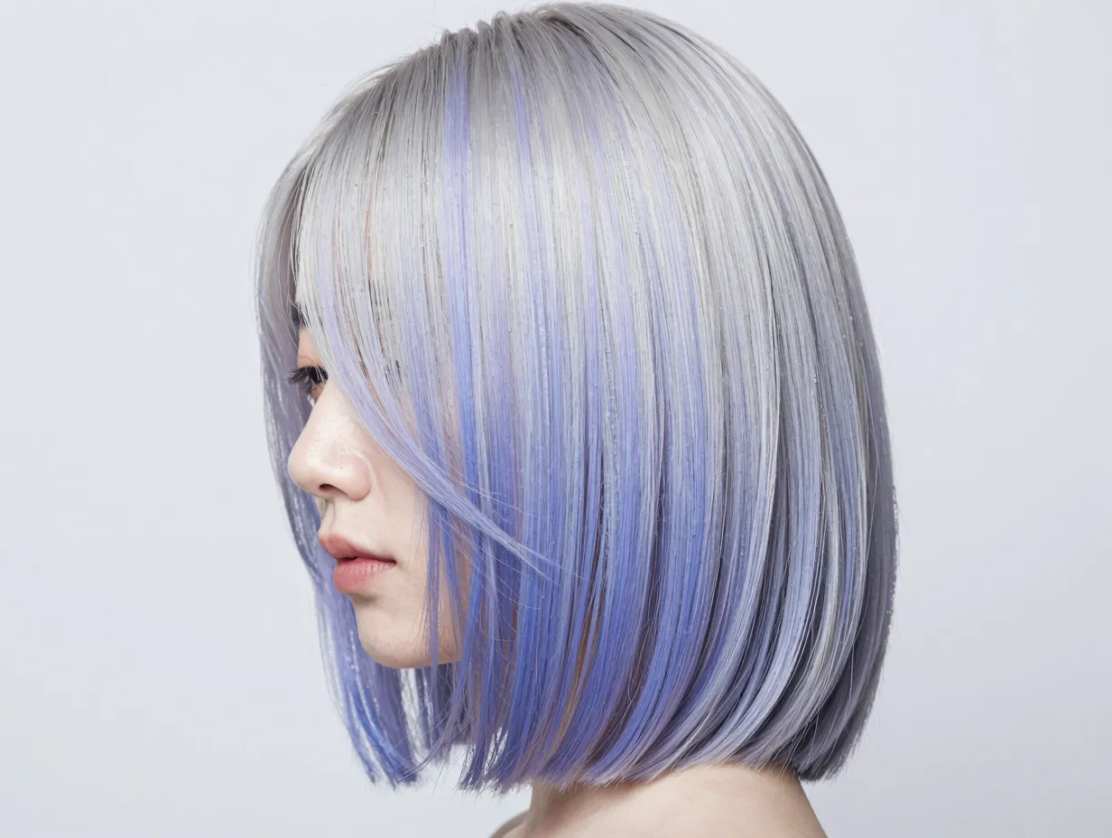 Ethereal periwinkle blue purple hybrid color on silver blonde hair