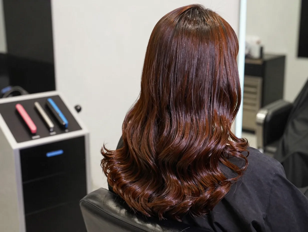 Sleek digital perm wavy hair with glossy finish in salon