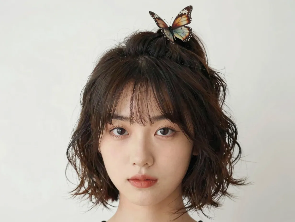 Chin length bob in half up style with butterfly clip