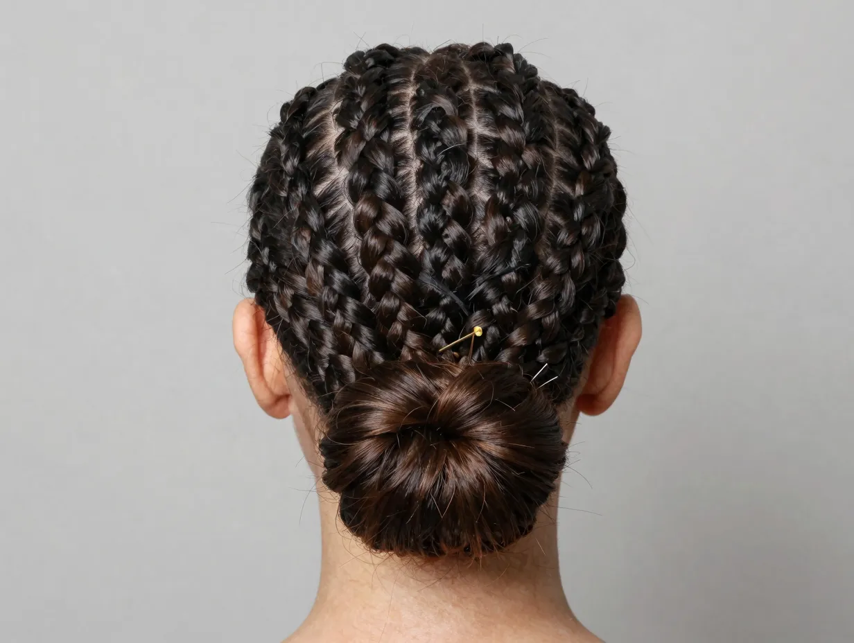Cornrow updo braids gathered sleek twisted bun nape