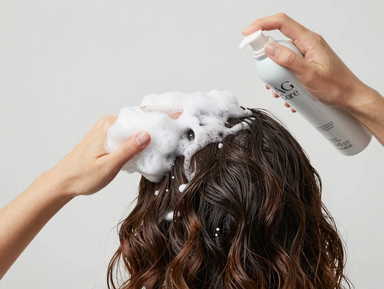 Damp wavy hair roots to ends application of voluminous mousse
