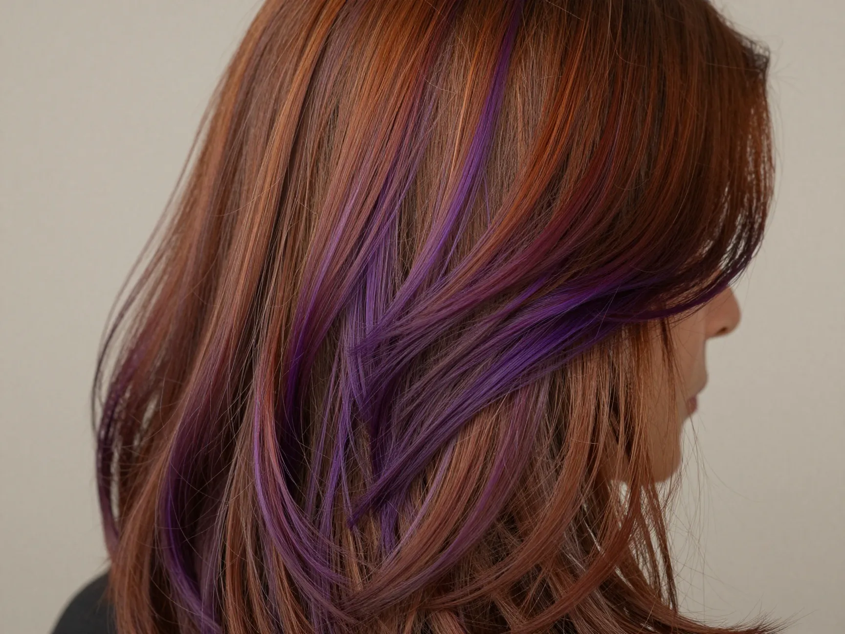 Dimensional grape purple highlights on warm caramel brown hair