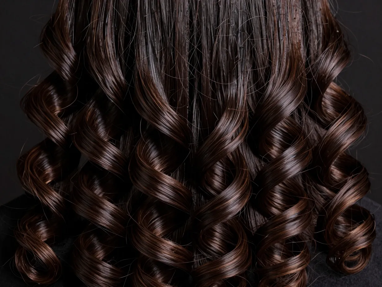 Dramatic spiral perm ringlets on long shoulder length hair