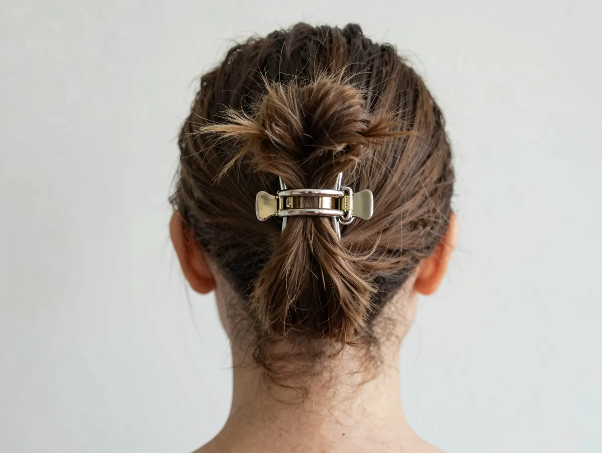 Low looped ponytail secured into a bun with a medium claw clip