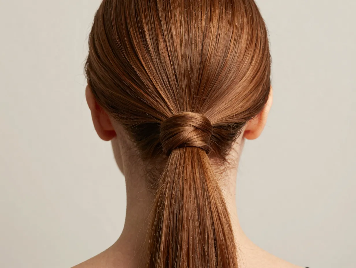 Tucked long ponytail with knotted loop effect