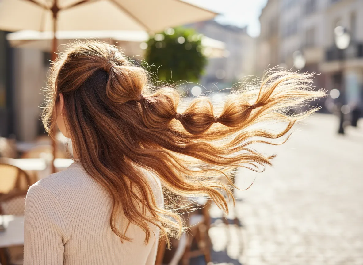 Playful high bubble ponytail with multiple puffed sections
