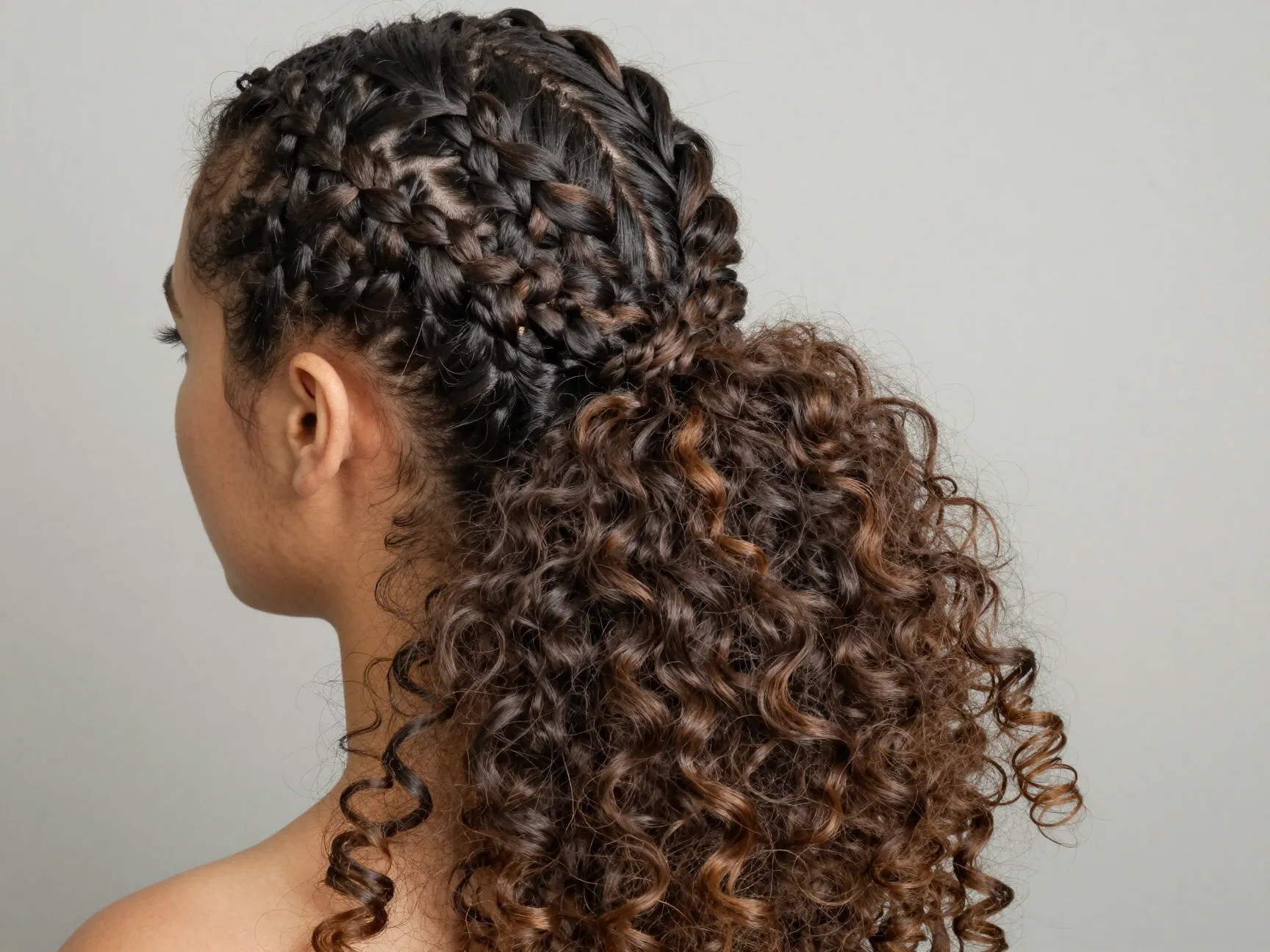 Braided ponytail hybrid visible cornrows curly weave intertwined texture