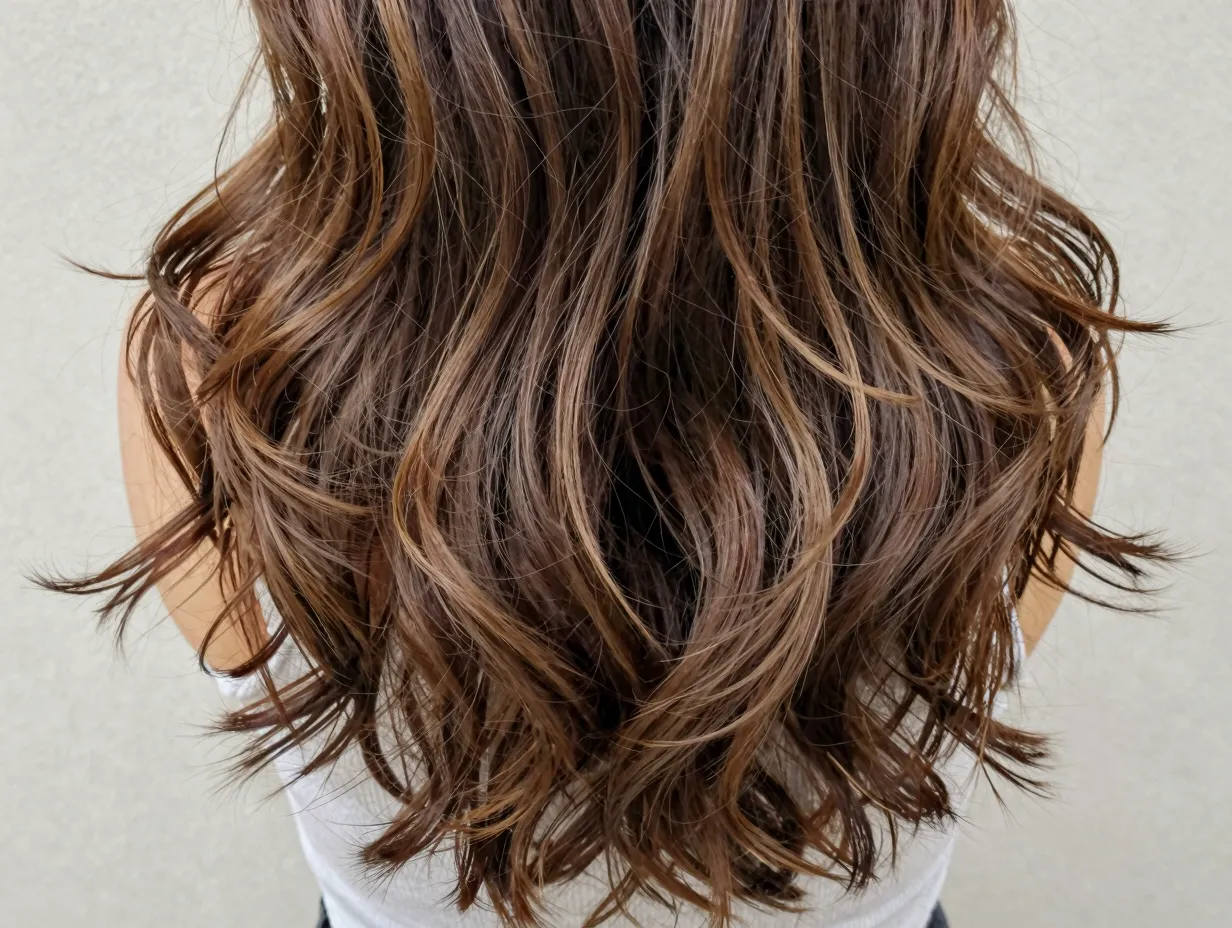Butterfly cut with wispy feathered ends on wavy hair