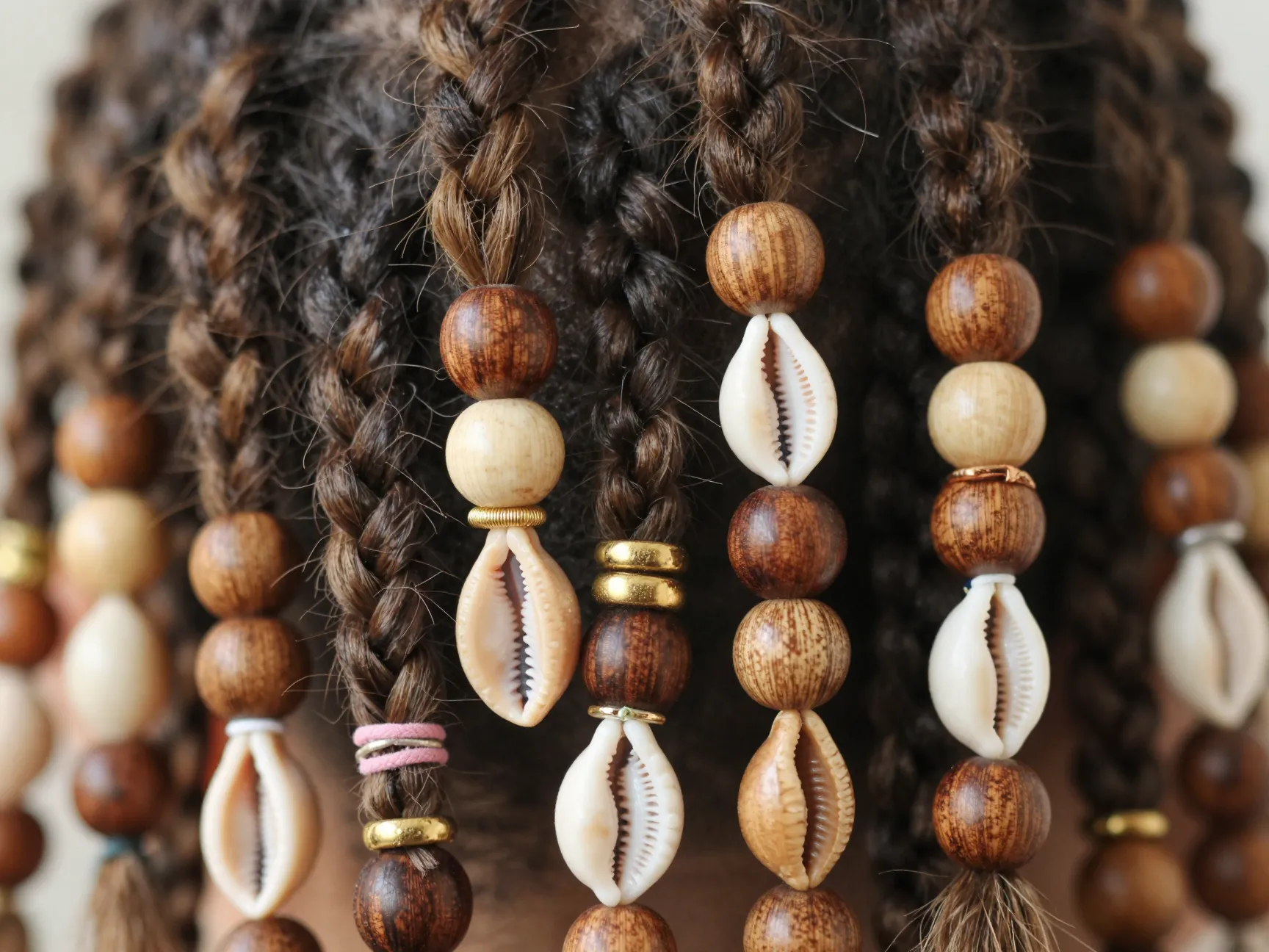 Cornrow ends adorned wooden beads cowrie shells