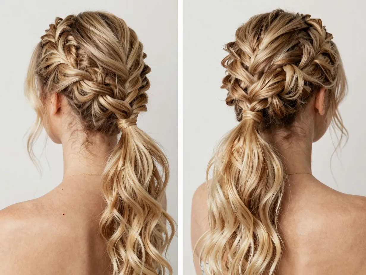 Fishtail braid ponytail with intricate nape detail