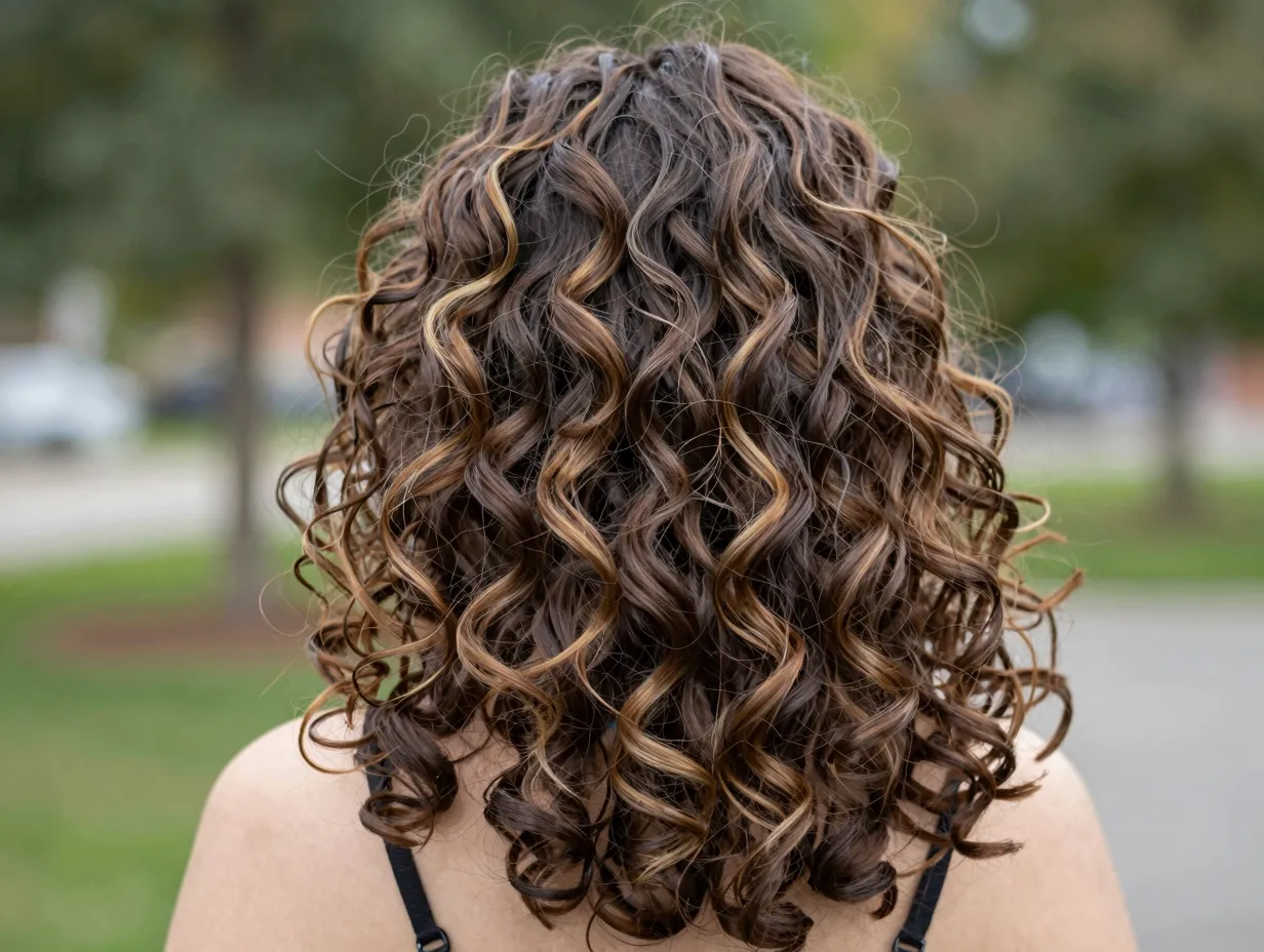 Natural multi textured perm with mixed curl sizes on model