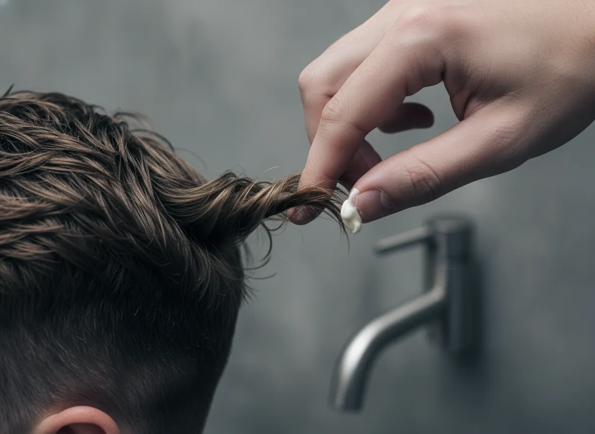 Short cropped wavy hair twisted with pea sized matte pomade