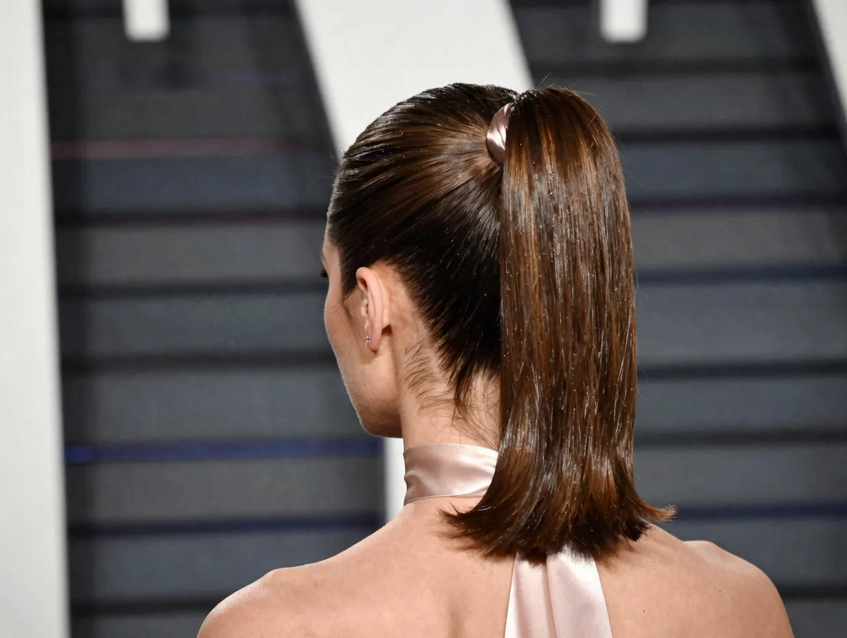 Sleek high ponytail on lob with satin ribbon tie