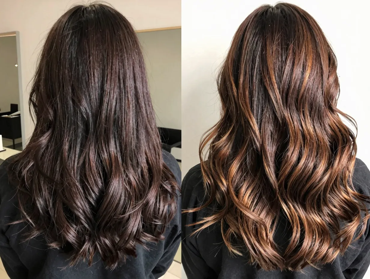 Dimensional dark balayage multi tonal browns indoor sunlight