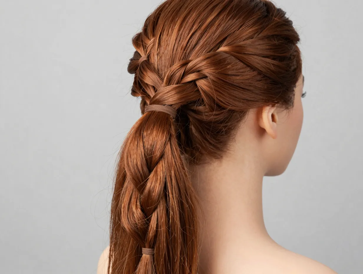 Faux fishtail ponytail with crossed sections and elastics