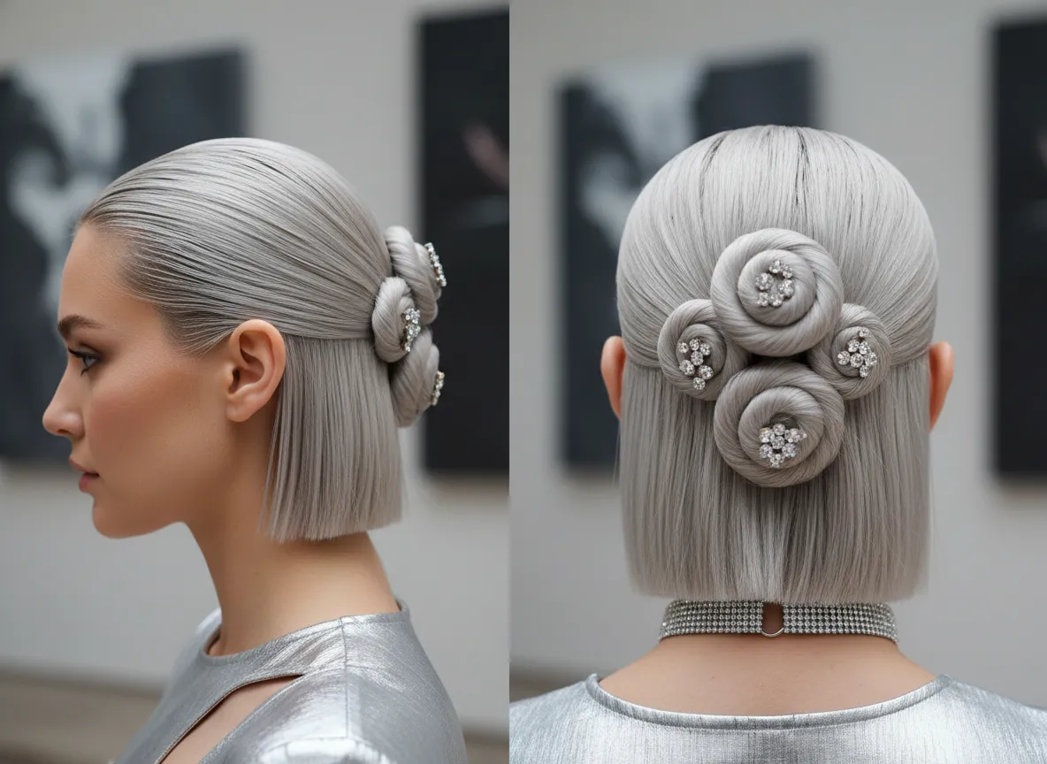 Multiple mini buns updo on bob with rhinestone pins