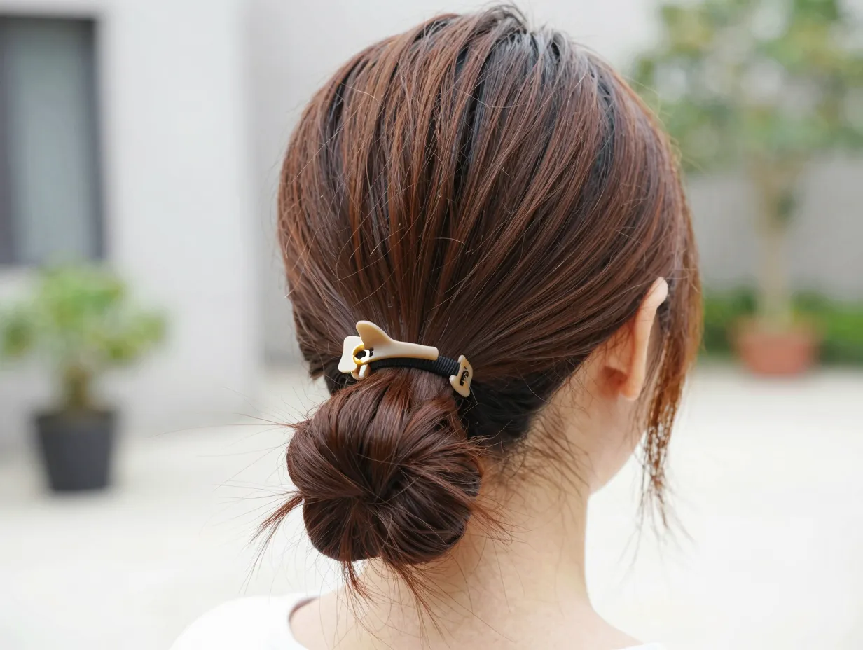 Textured low ponytail with a claw clip clamped over the elastic