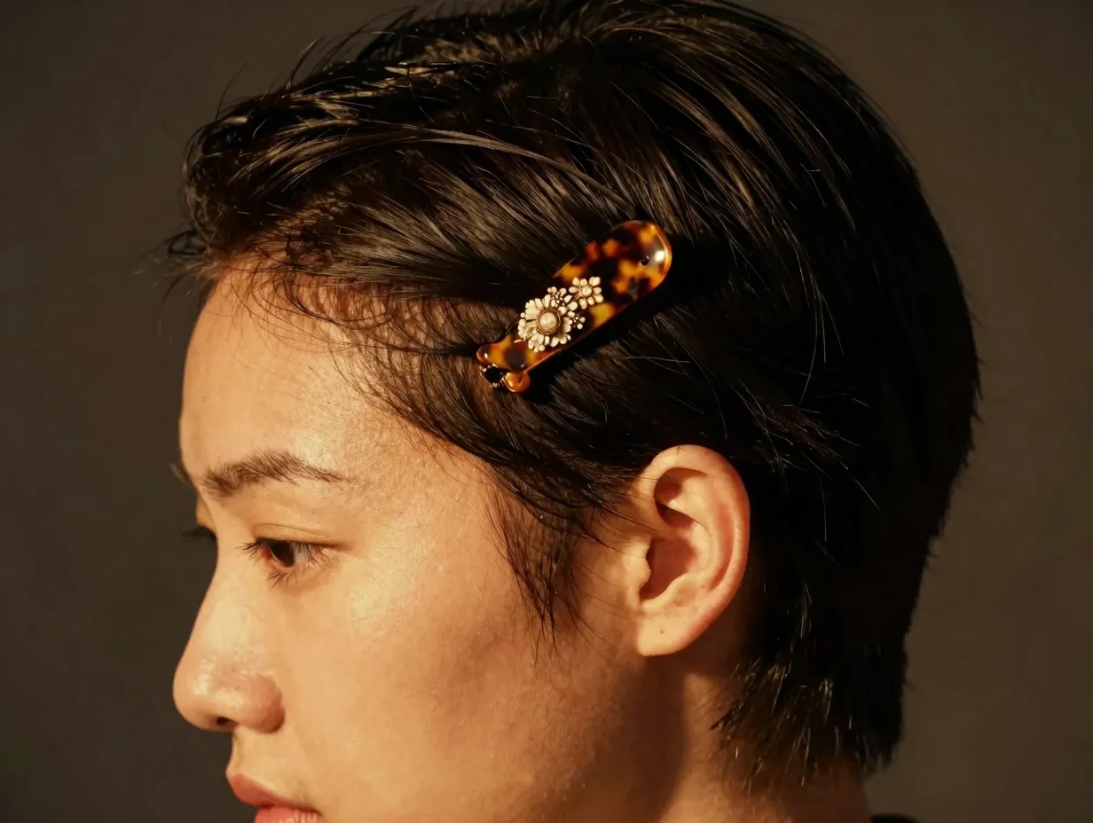 Diagonal decorative clip pushing hair back at the temple