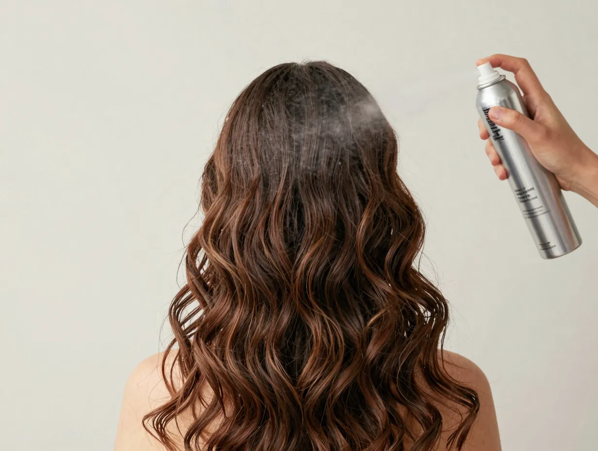 Finished beachy waves lightly misted with flexible hold hairspray