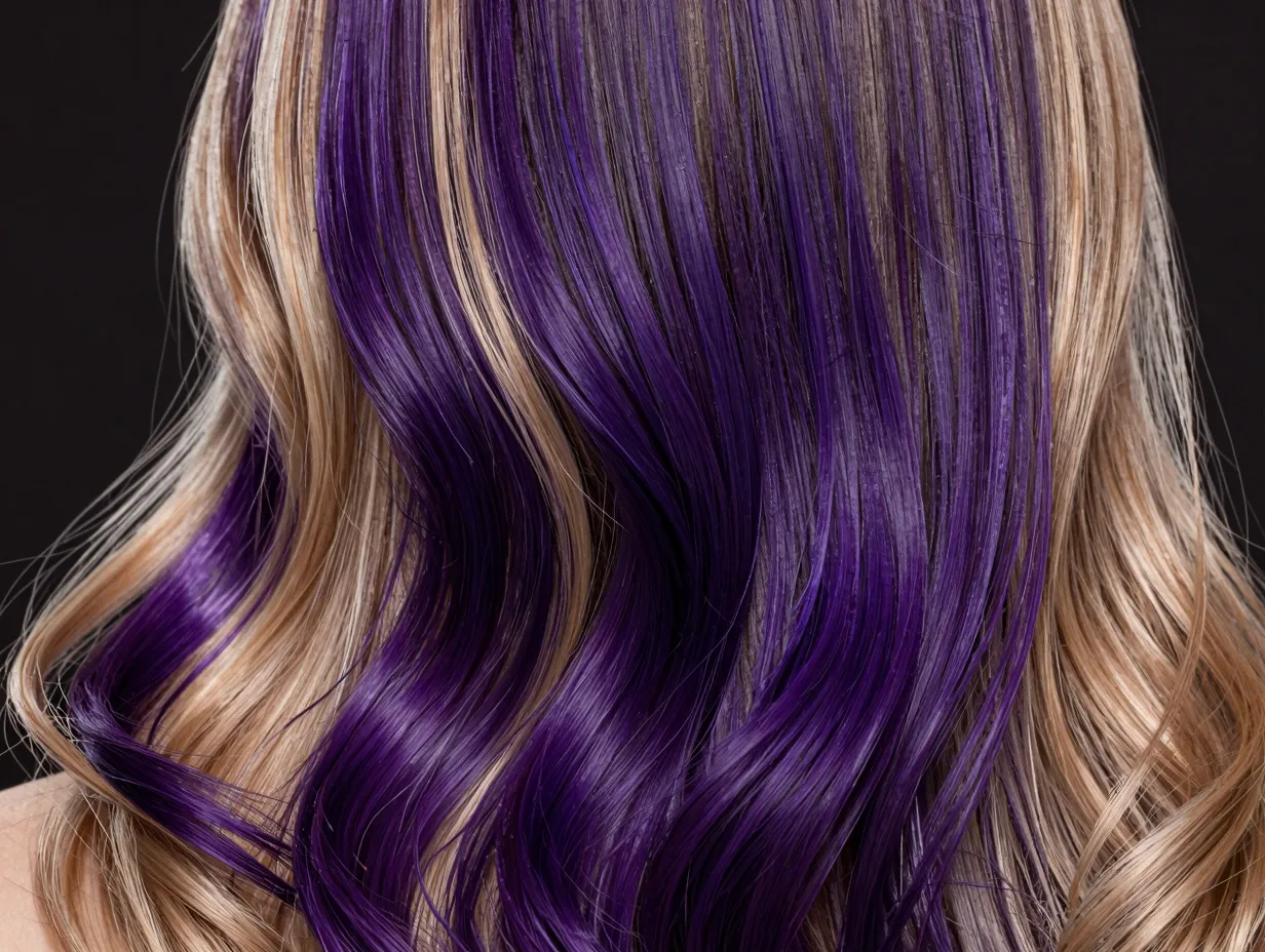 Luxurious deep violet jewel tone on pre lightened medium blonde hair