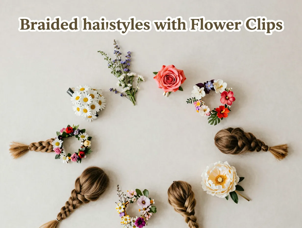 Eight flower clip braided hair samples arranged circle flat lay
