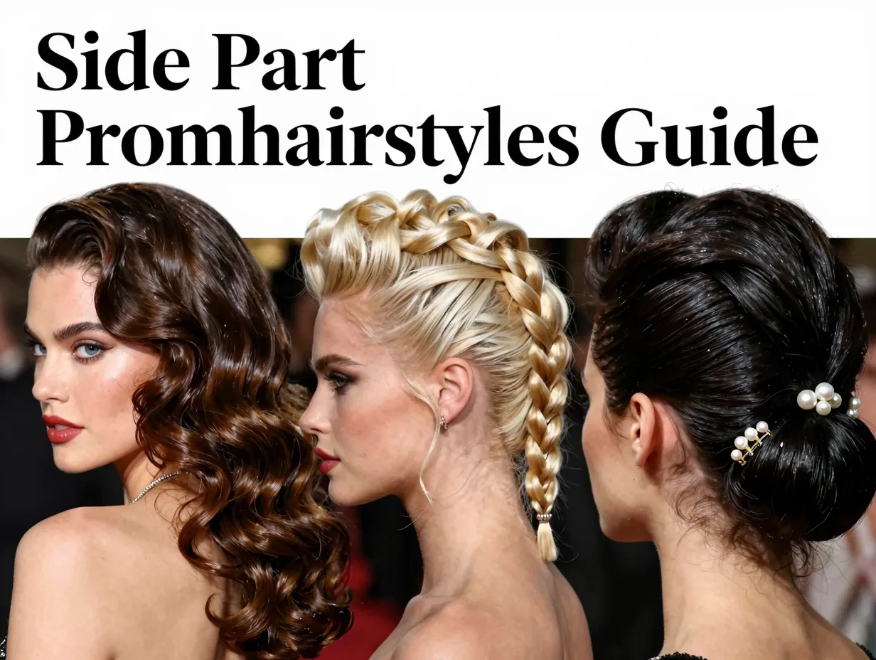 Glossy waves sharp part braided romantic quiff voluminous prom collage