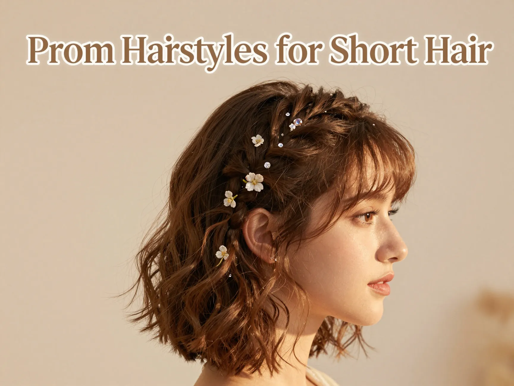 Short bob loose waves floral pins side braid crystal clip glamour