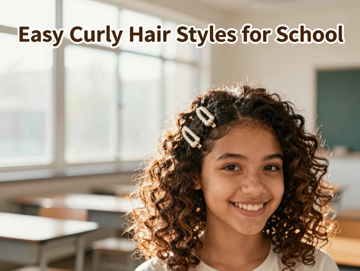 Student smiling curly three clip half updo pearl clips classroom