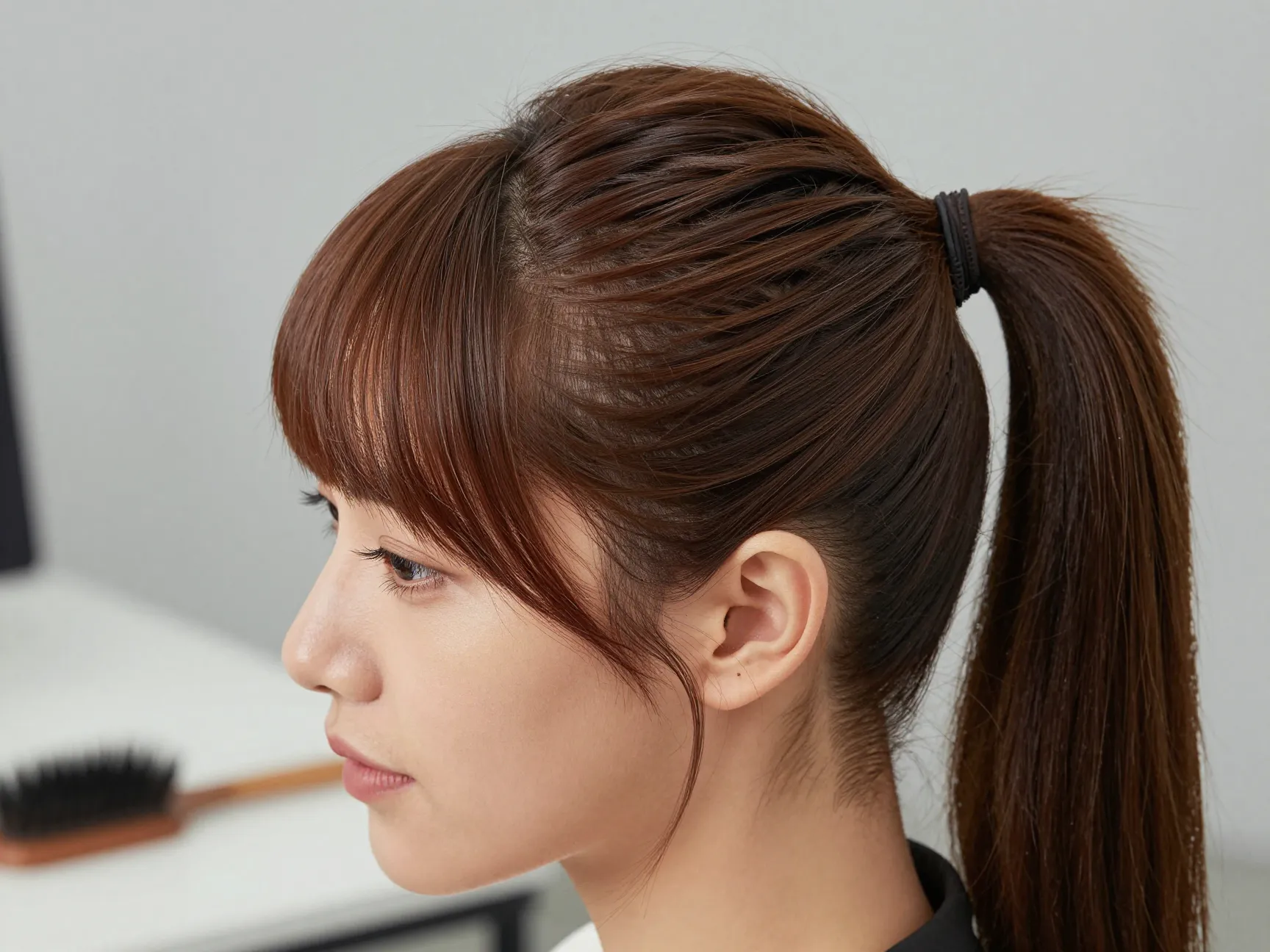 A classic chic frontal ponytail with side swept bangs for the office