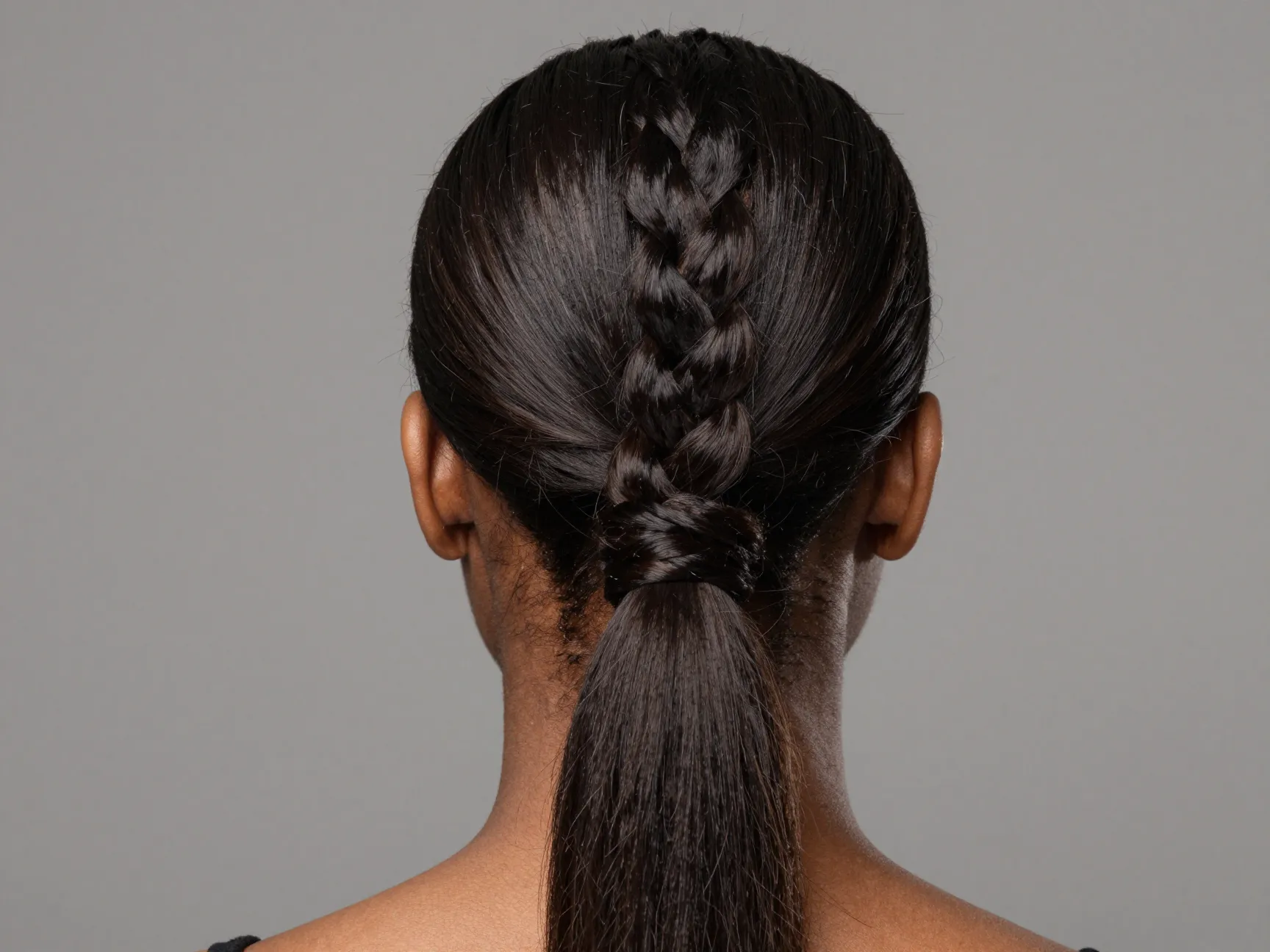 Classic braided low ponytail at nape with extensions middle part