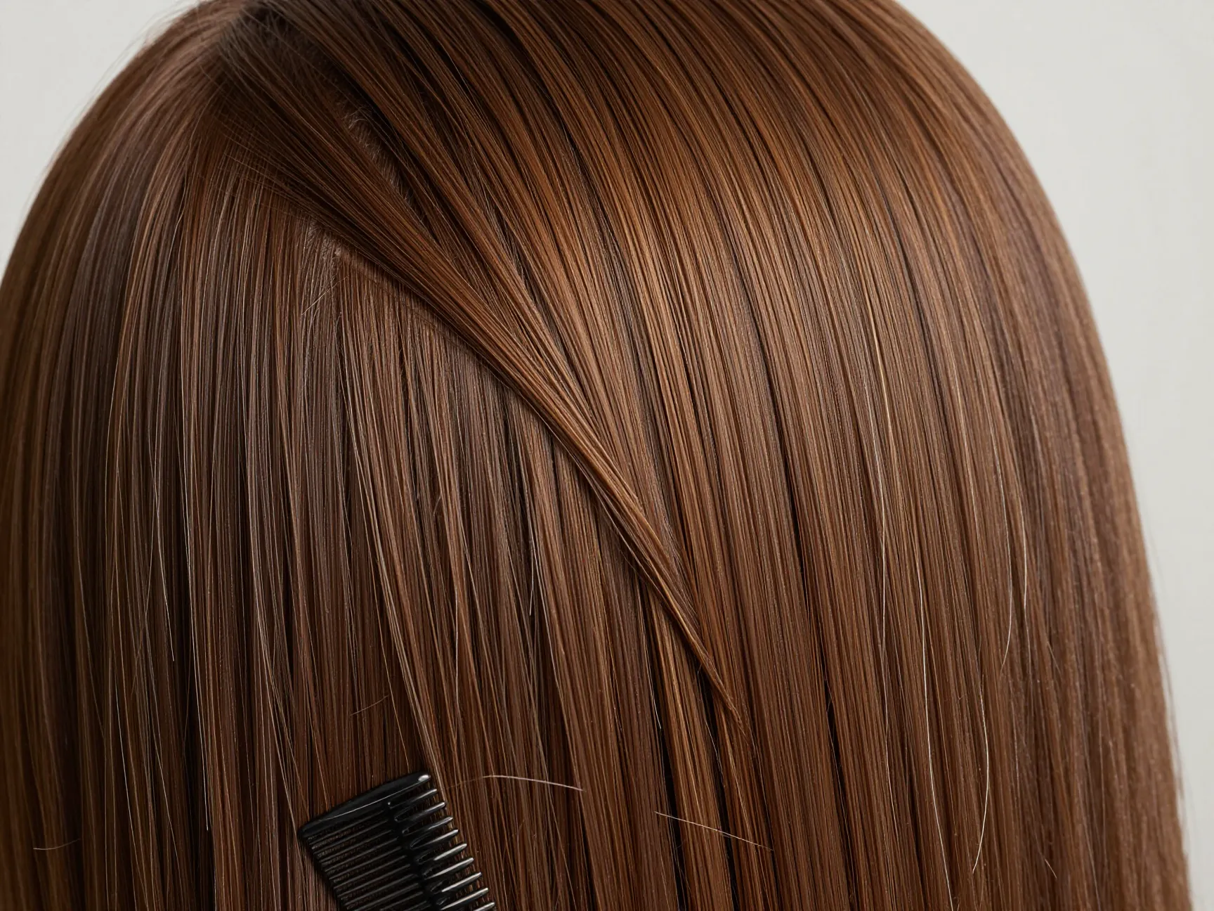 Classic deep side part close up on straight polished hair with sharp diagonal line