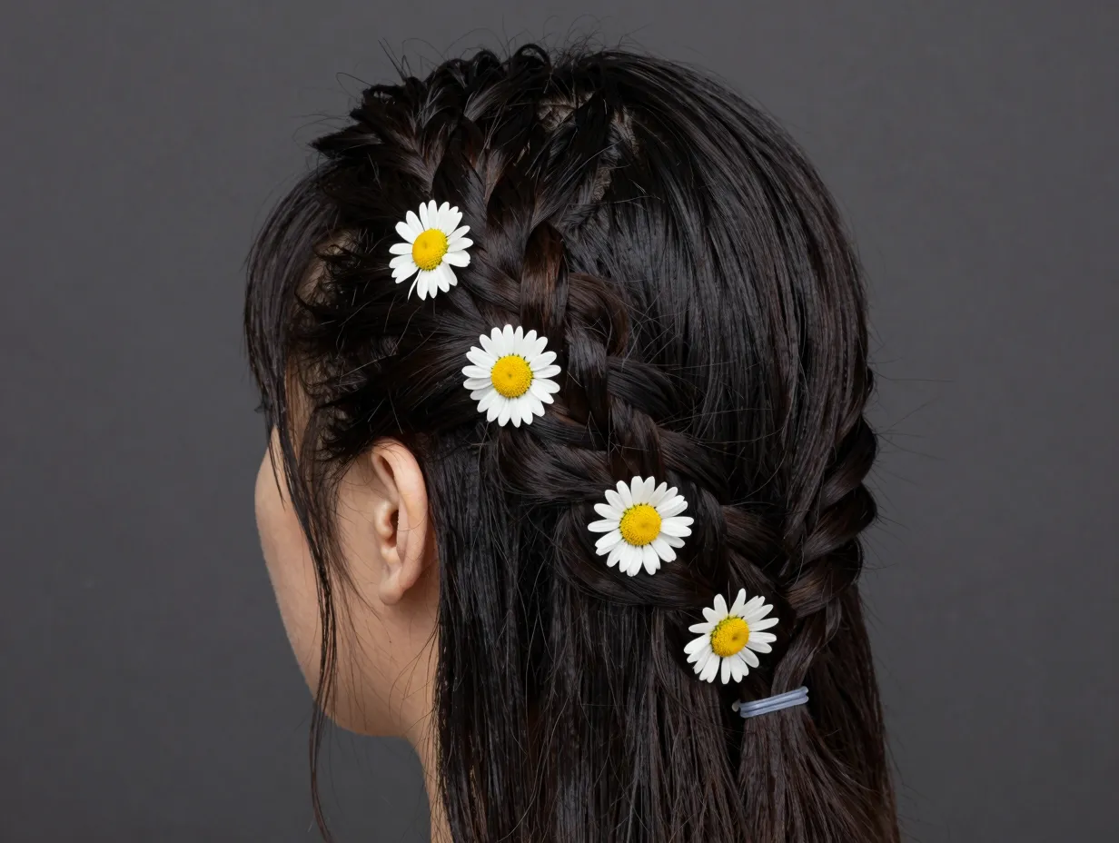 Classic french braid with daisy clips dark hair high contrast side view