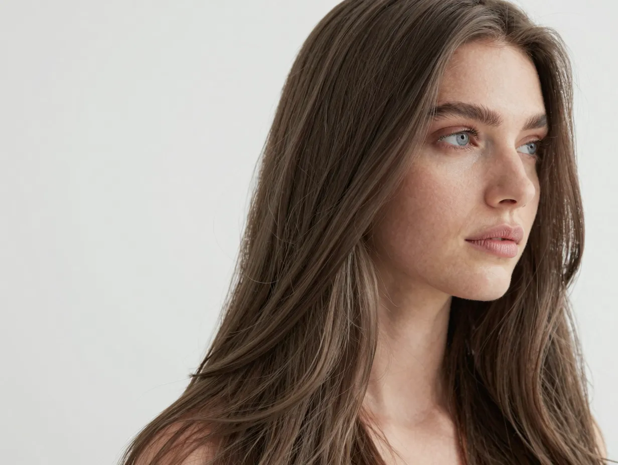 Mushroom brown hair model posing in soft natural light studio