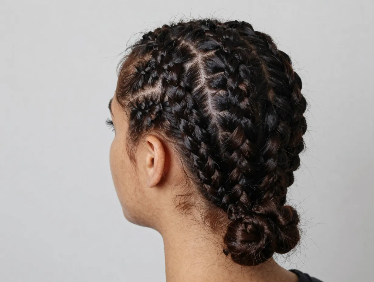 Six neat braids from hairline to nape medium size relaxed ends