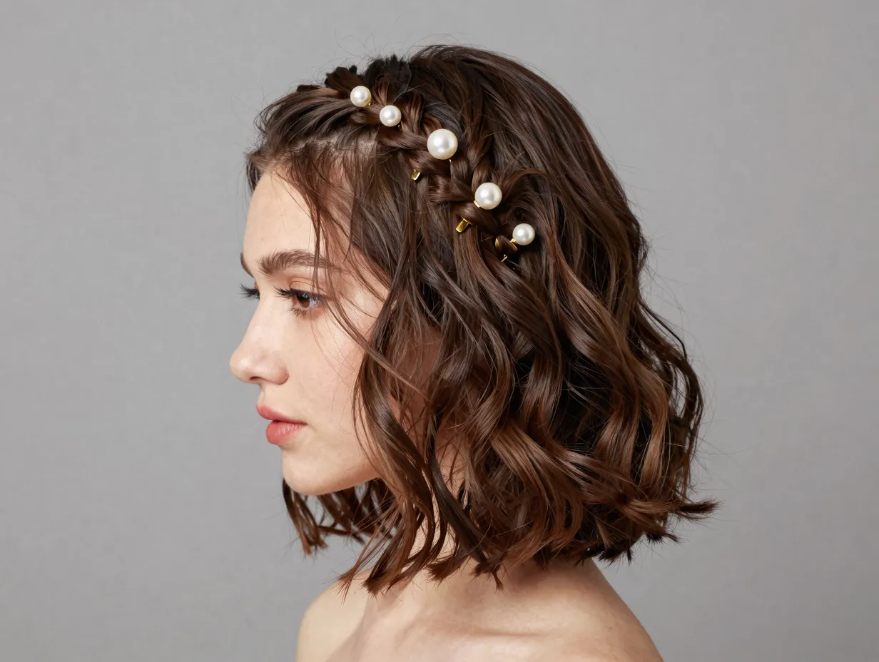 Wavy blunt bob braided half up with pearl pin accessories classic modern