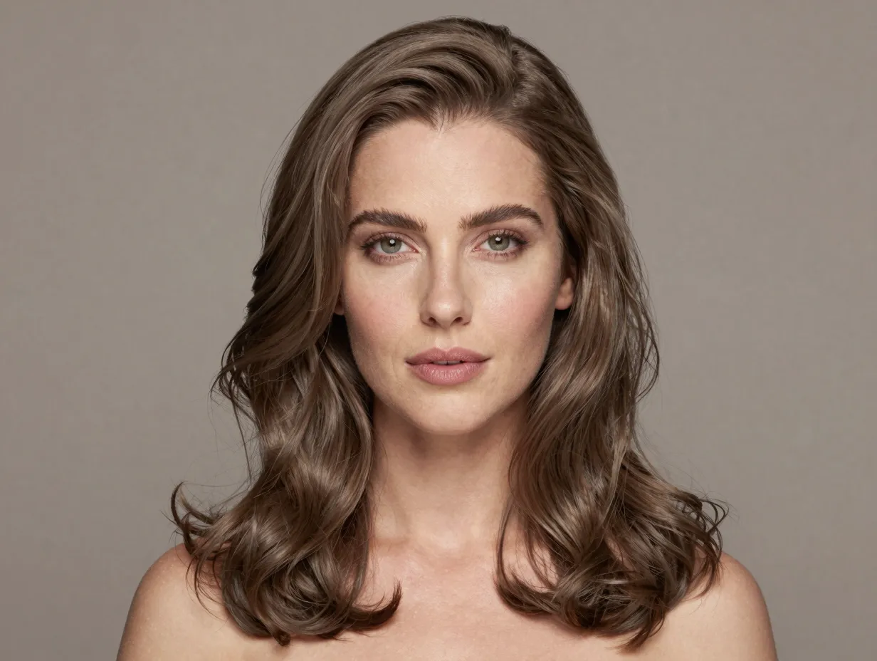 Cool taupe brown hair woman looking at camera with natural makeup