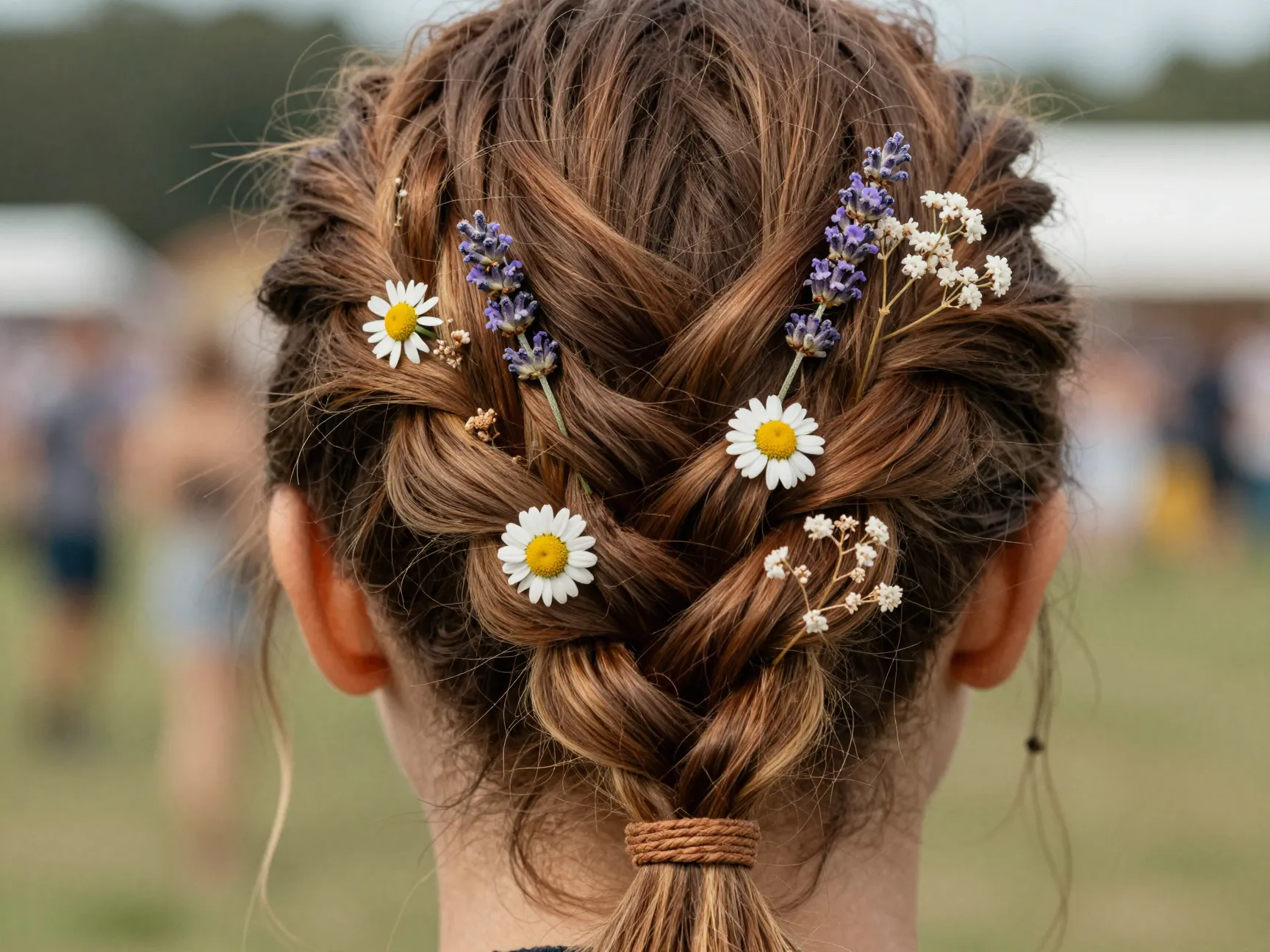 Dutch braid with wildflower accents coarse hair festival boho