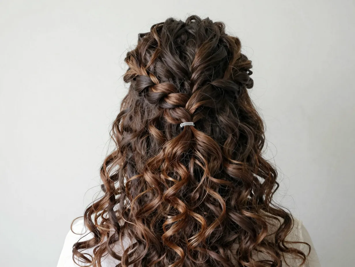 Romantic braided half updo with loose curly front section